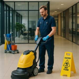 Professional janitor in a Miami office cleaning the floor with a yellow industrial scrubber near a wet floor sign.